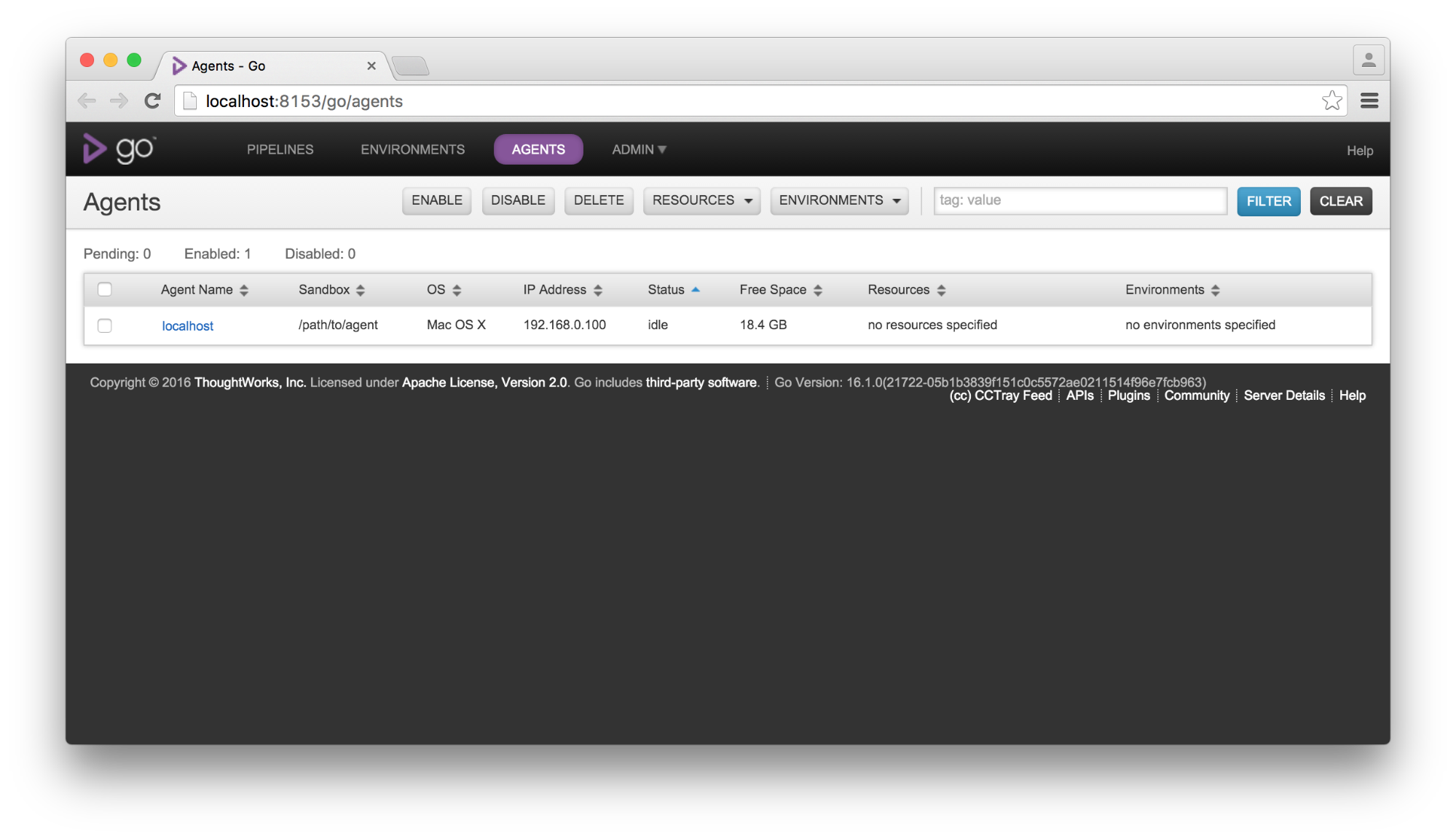 Agents screen, with one idle agent